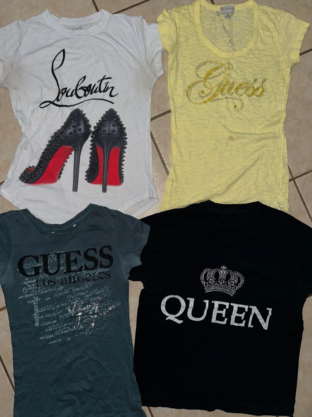 Guess Yellow Logo Tee with Rhinestone Script,Guess, Queen & Lous Voutin